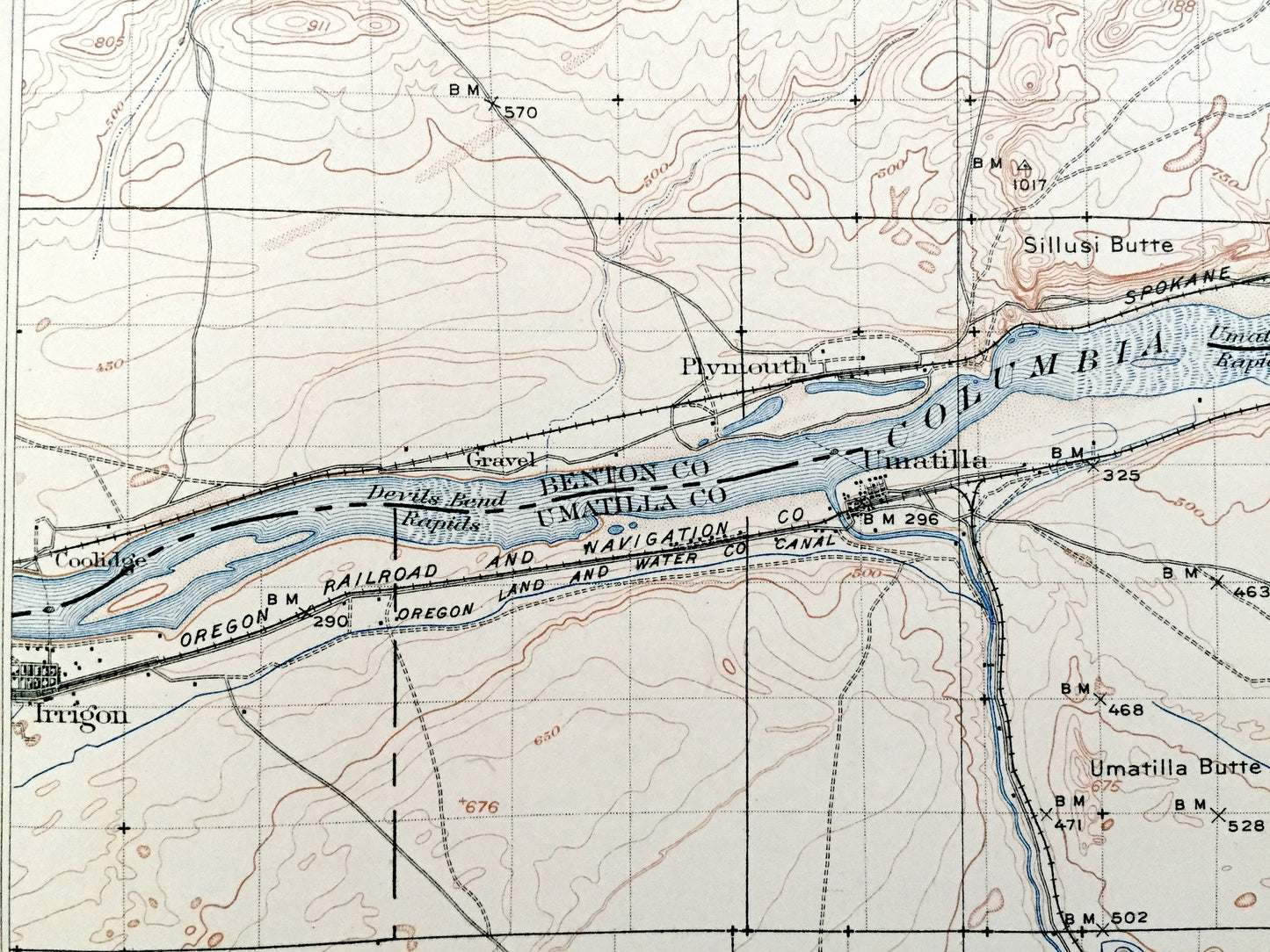 Antique Umatilla, Oregon 1908 US Geological Survey Topographic Map – Benton County, Morrow, Columbia River, Hermiston, Washington, OR WA