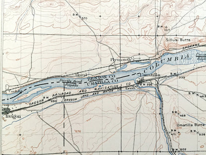 Antique Umatilla, Oregon 1908 US Geological Survey Topographic Map – Benton County, Morrow, Columbia River, Hermiston, Washington, OR WA