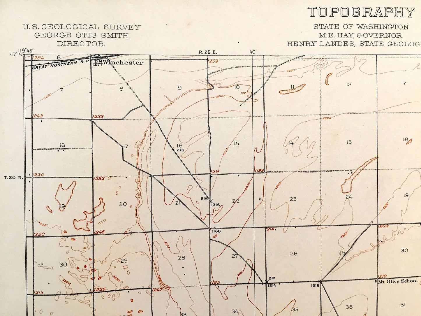 Antique Winchester, Washington 1910 US Geological Survey Topographic Map – Grant County, Columbia Basin Wildlife Area, Reservoir, WA