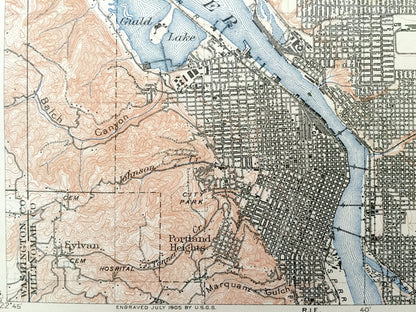 Antique Portland, Oregon 1905 US Geological Survey Topographic Map – Vancouver, Woodlawn, Mt. Tabor, Columbia River, Willamette River, OR WA