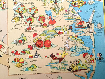 Antique 1935 Delaware State Map from Our Gay Geography by Ruth Taylor – Wilmington, Dover, Rehoboth, Newark, Bear, Bethany Beach, Lewes, DE