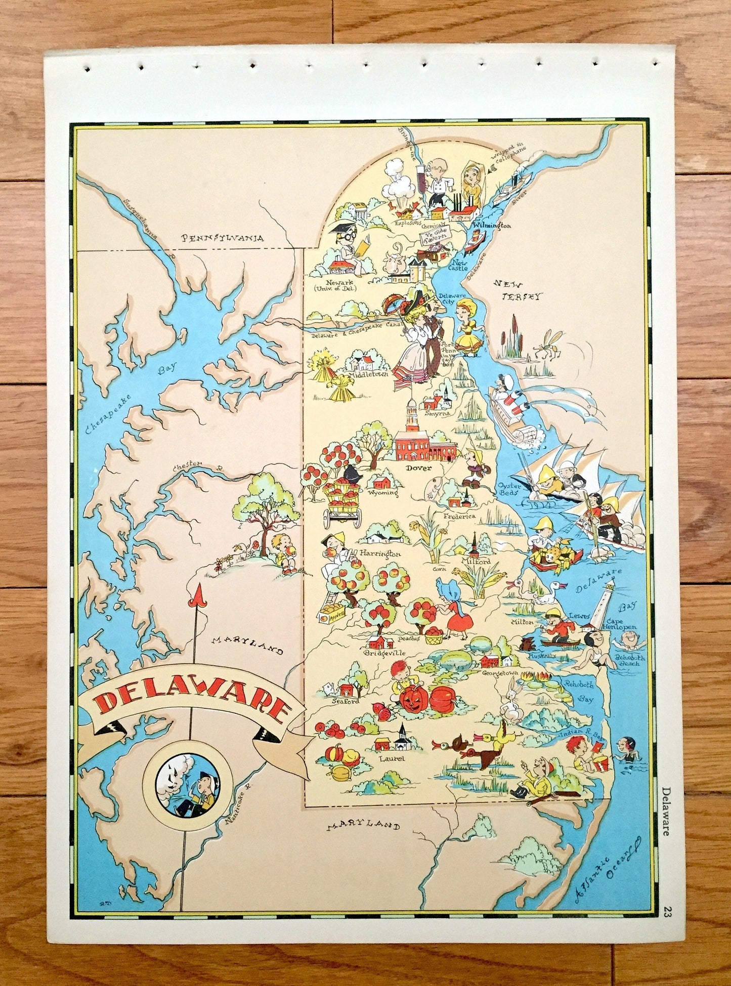 Antique 1935 Delaware State Map from Our Gay Geography by Ruth Taylor – Wilmington, Dover, Rehoboth, Newark, Bear, Bethany Beach, Lewes, DE