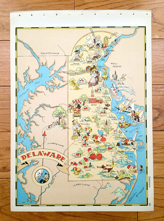 Antique 1935 Delaware State Map from Our Gay Geography by Ruth Taylor – Wilmington, Dover, Rehoboth, Newark, Bear, Bethany Beach, Lewes, DE