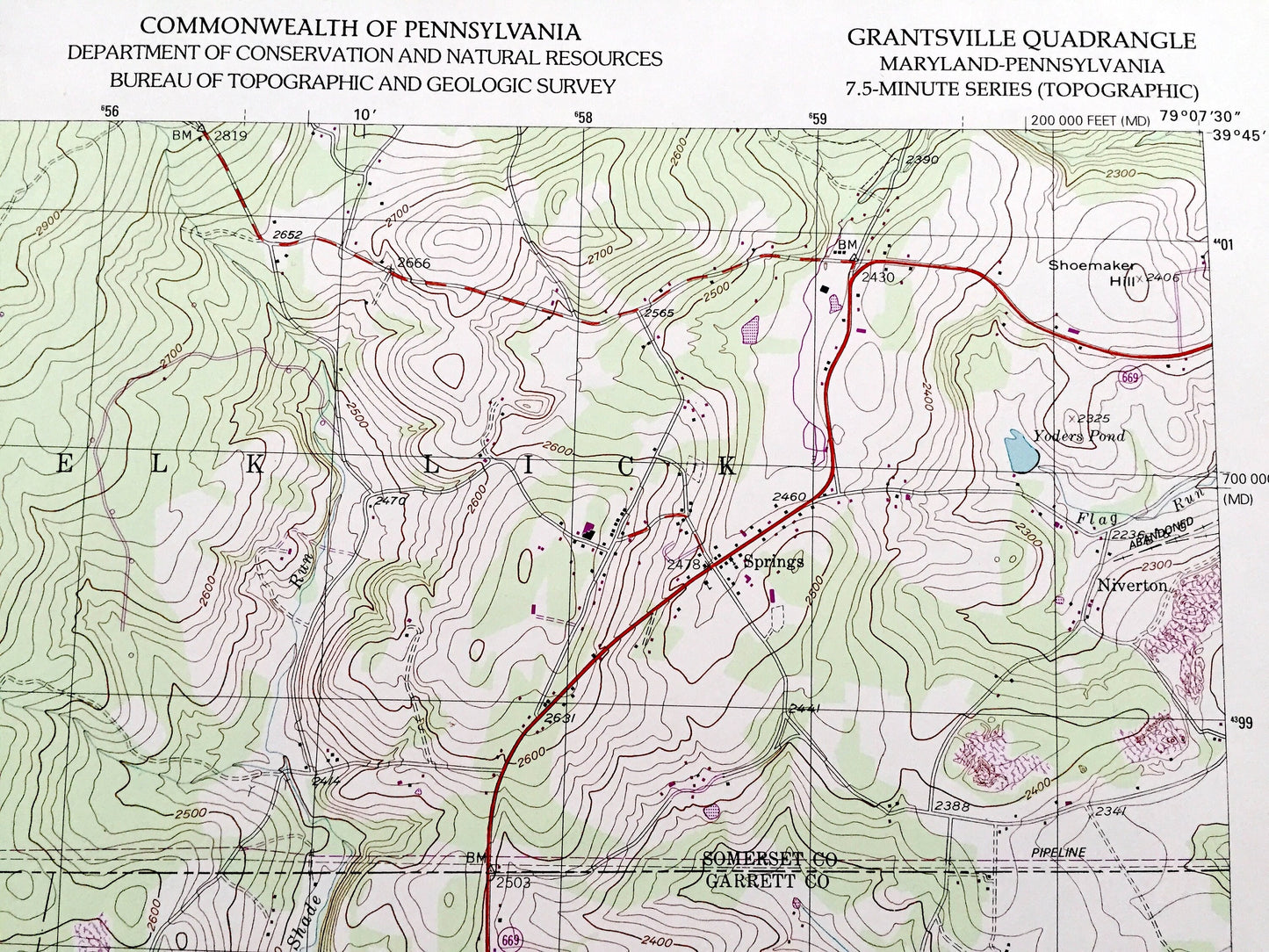 Antique Grantsville, Maryland 1994 US Geological Survey Topographic Map – Garrett County, MD, Somerset County, Addison, Elk Lick, PA