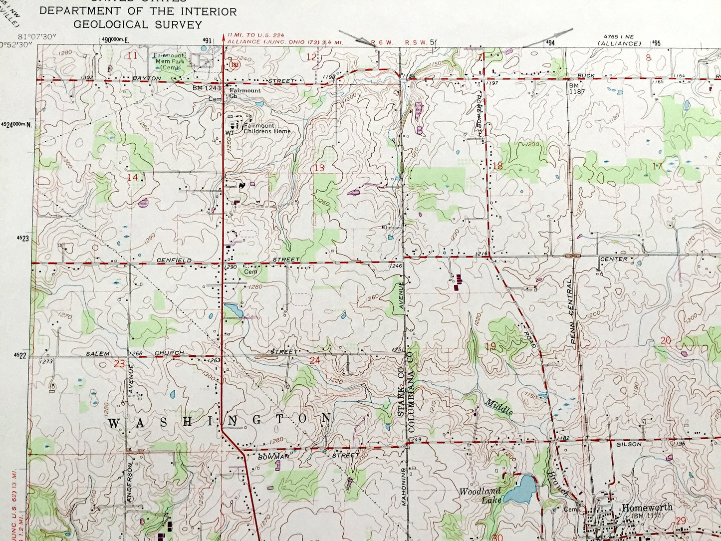 Antique Homeworth, Ohio 1960 US Geological Survey Topographic Map — Stark, Columbiana County, Washington, Knox, Paris, Chambersburg, OH