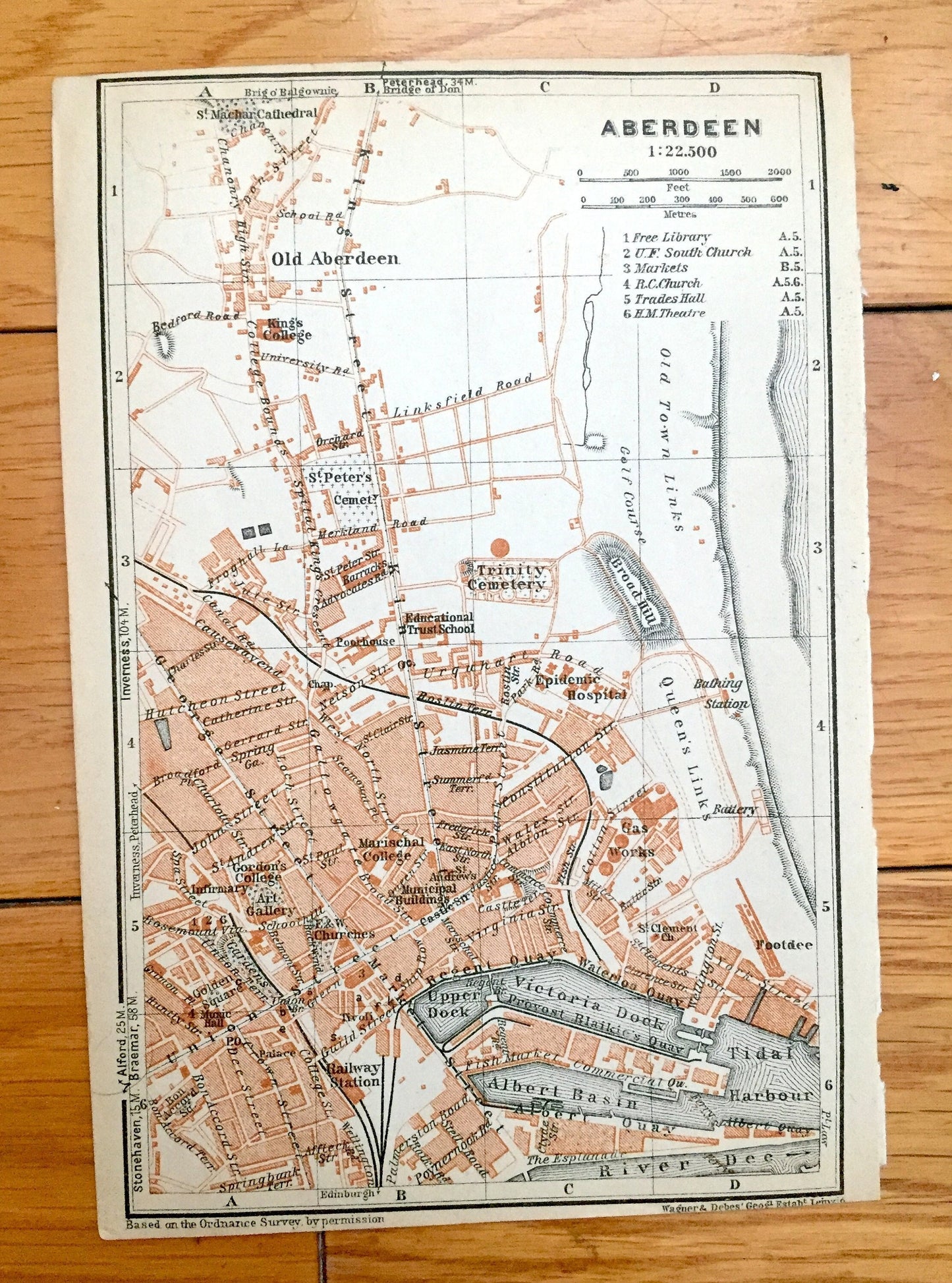 Antique 1927 Aberdeen, Scotland Map from Baedekers Atlas of Great Britain – River Dee, Don, Mannofield, Torry, North Sea, Obar Dheathain