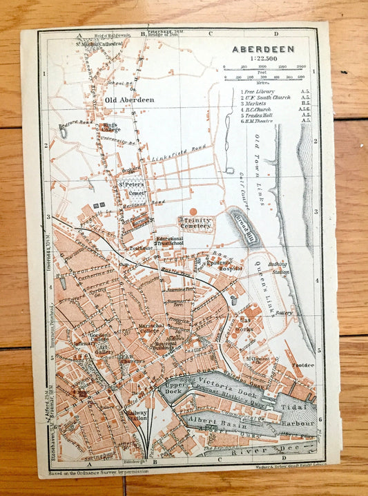 Antique 1927 Aberdeen, Scotland Map from Baedekers Atlas of Great Britain – River Dee, Don, Mannofield, Torry, North Sea, Obar Dheathain