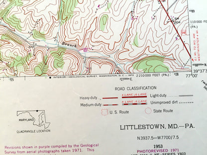 Antique Littlestown, Pennsylvania 1953 US Geological Survey Topographic Map – Adams County, Germany, PA, Carroll County, Silver Run, MD