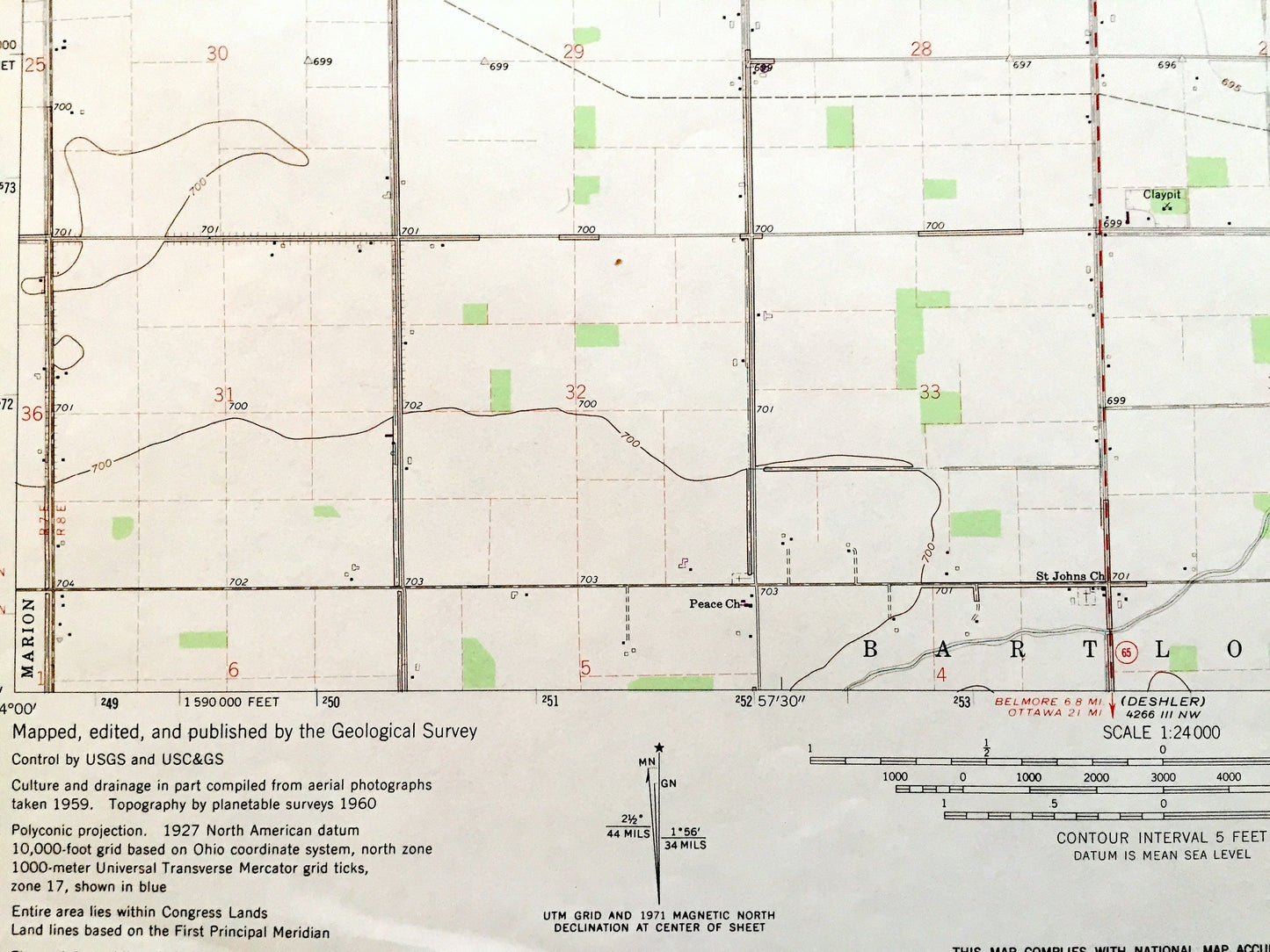 Antique McClure, Ohio 1960 US Geological Survey Topographic Map — Henry, Wood County, Damascus, Weston Grand Rapids, Richfield, Milton, OH