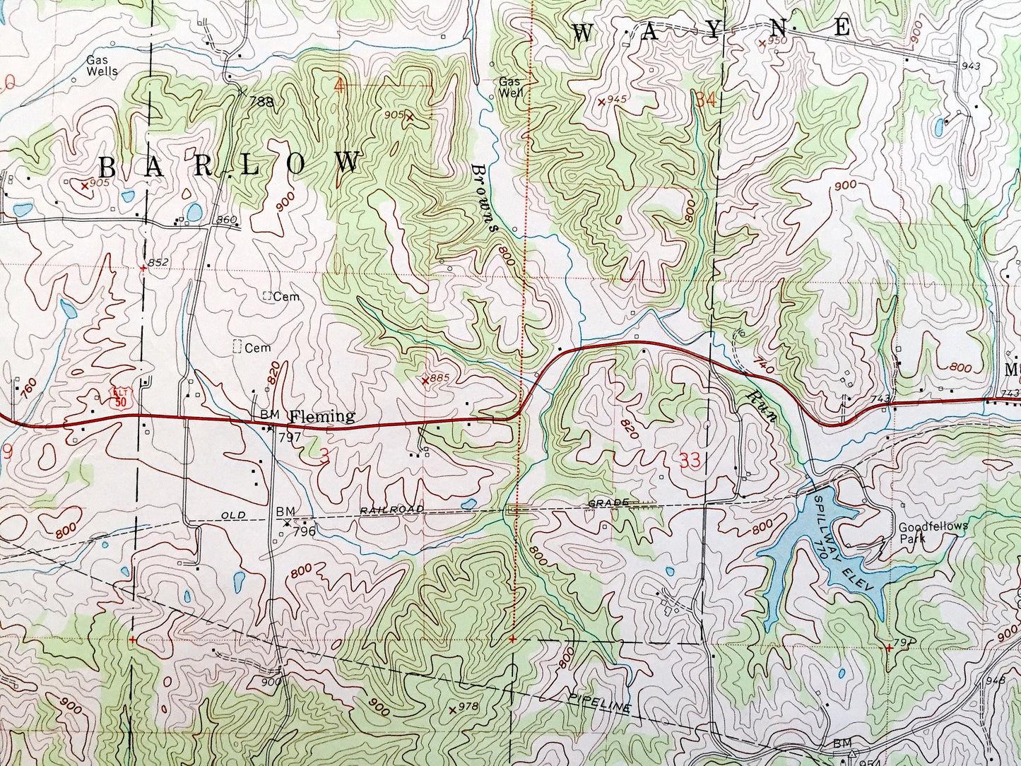 Antique Fleming, Ohio 1960 US Geological Survey Topographic Map — Washington County, Watertown, Adams, Muskingum, Barlow, Wayne, Warren, OH