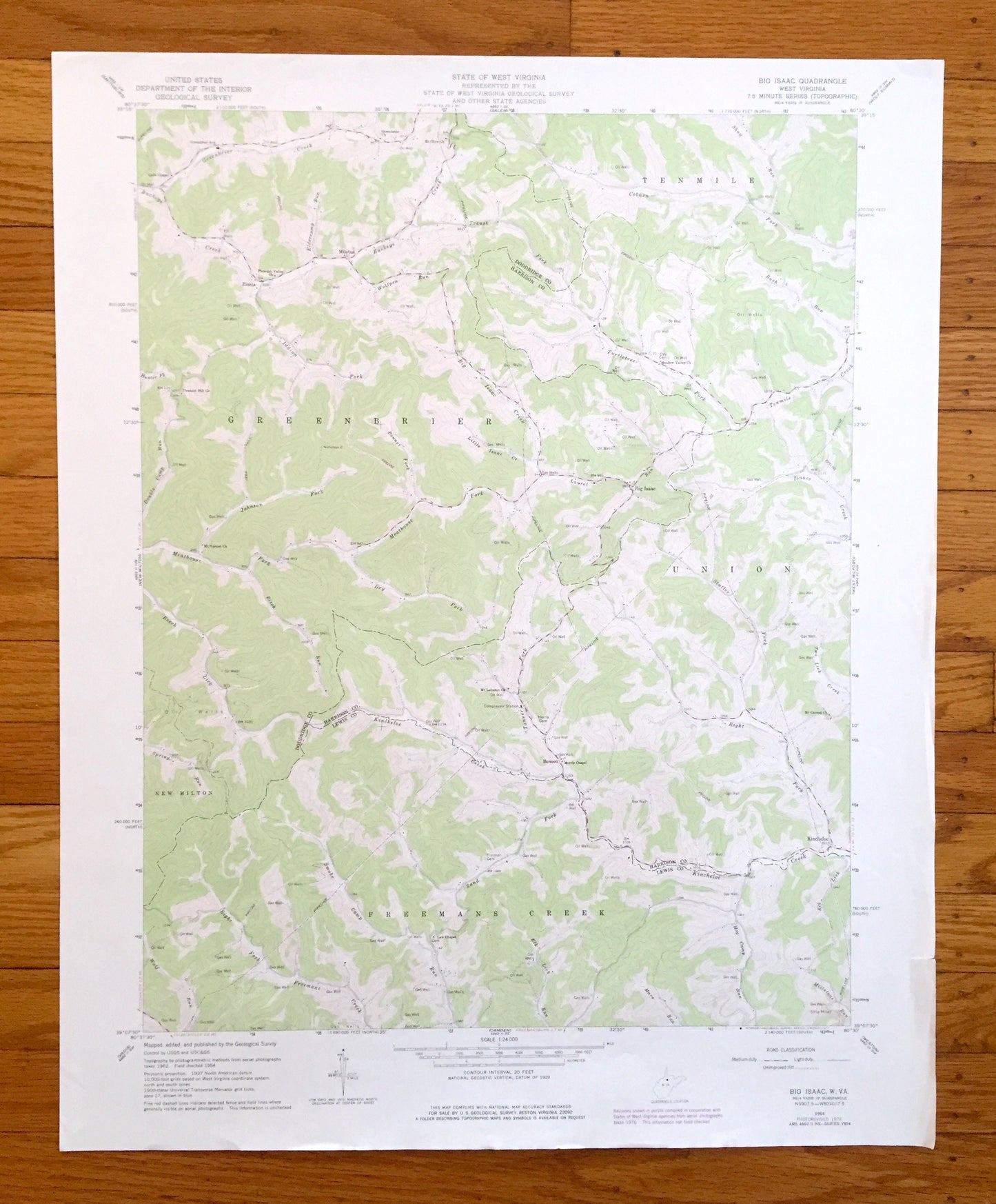 Antique Big Isaac, West Virginia 1964 US Geological Survey Topographic Map — Doddridge, Harrison, Lewis County, Greenbrier, New Milton, WV