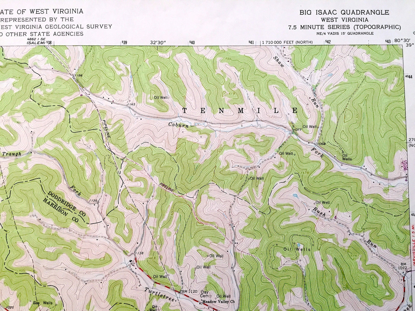Antique Big Isaac, West Virginia 1964 US Geological Survey Topographic Map — Doddridge, Harrison, Lewis County, Greenbrier, New Milton, WV