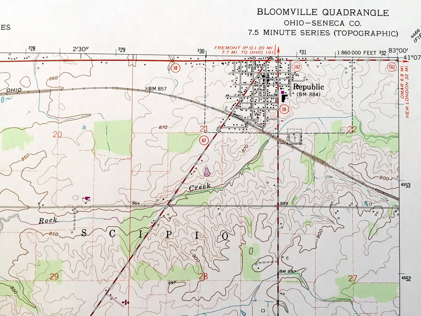 Antique Bloomville, Ohio 1960 US Geological Survey Topographic Map — Seneca County, Republic, Clinton, Scipio, Eden, Bloom, Swander, OH