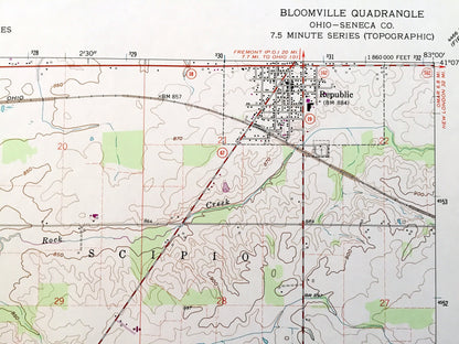 Antique Bloomville, Ohio 1960 US Geological Survey Topographic Map — Seneca County, Republic, Clinton, Scipio, Eden, Bloom, Swander, OH