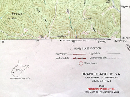 Antique Branchland, West Virginia 1962 US Geological Survey Topographic Map — Lincoln County, Sheridan, Carroll, Laurel Hill, Hubball, WV