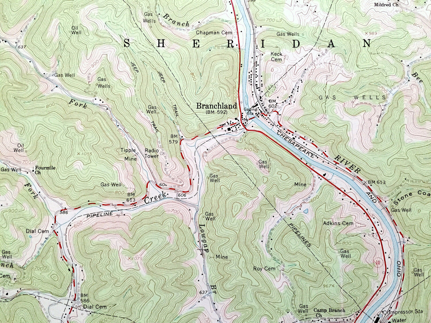 Antique Branchland, West Virginia 1962 US Geological Survey Topographic Map — Lincoln County, Sheridan, Carroll, Laurel Hill, Hubball, WV