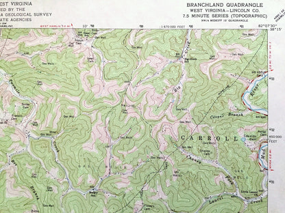Antique Branchland, West Virginia 1962 US Geological Survey Topographic Map — Lincoln County, Sheridan, Carroll, Laurel Hill, Hubball, WV