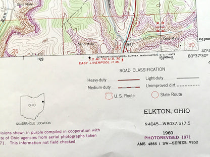 Antique Elkton, Ohio 1960 US Geological Survey Topographic Map — Columbiana County, Salem, Fairfield, Unity, Center, Elkrun, Middleton, OH