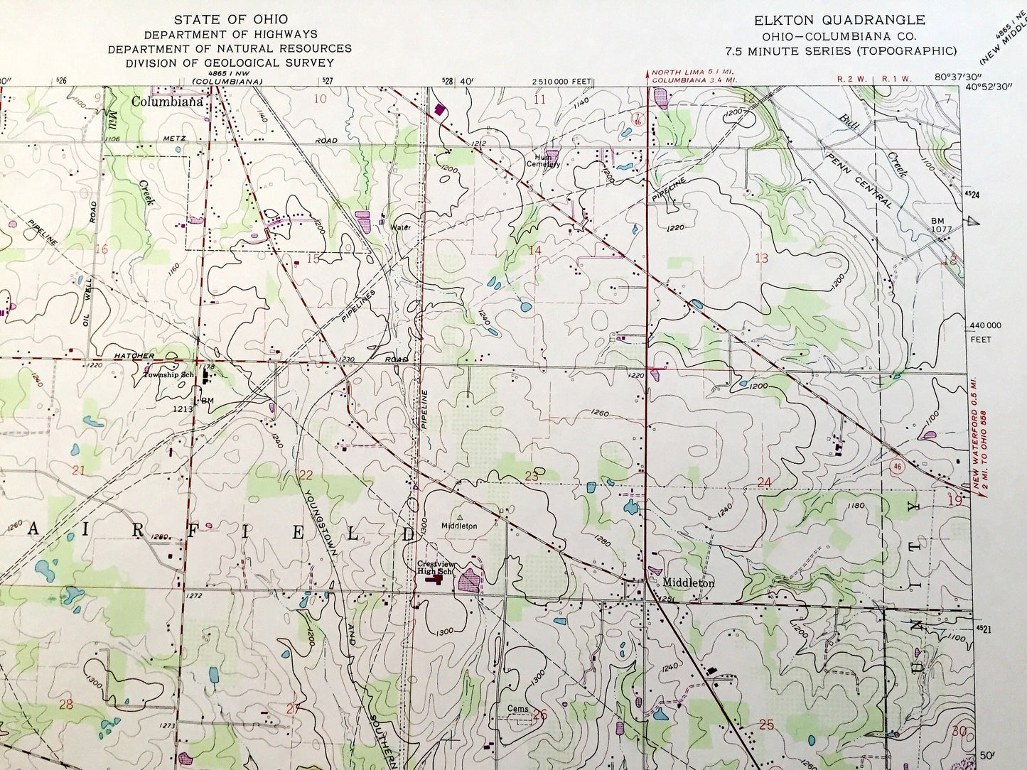 Antique Elkton, Ohio 1960 US Geological Survey Topographic Map — Columbiana County, Salem, Fairfield, Unity, Center, Elkrun, Middleton, OH