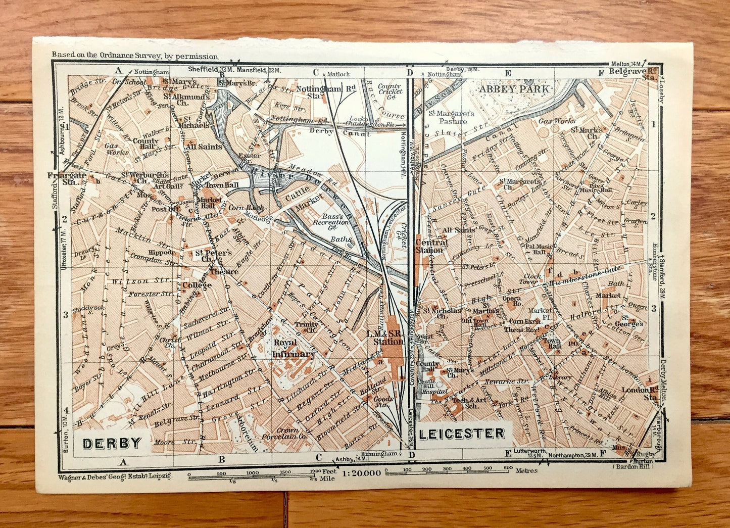 Antique 1927 Derby & Leicester, England Map from Baedekers Atlas of Great Britain – Derbyshire, East Midlands, River Derwent, Eagle Centre