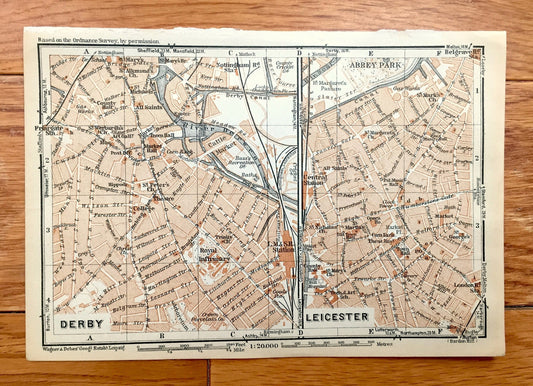Antique 1927 Derby & Leicester, England Map from Baedekers Atlas of Great Britain – Derbyshire, East Midlands, River Derwent, Eagle Centre