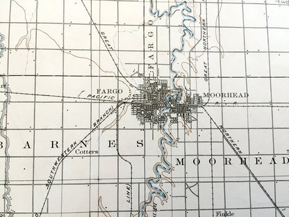 Antique Fargo, North Dakota 1894 US Geological Survey Topographic Map – Moorhead, Minnesota, Cass, Richland, Clay, Wilkin County, MN ND