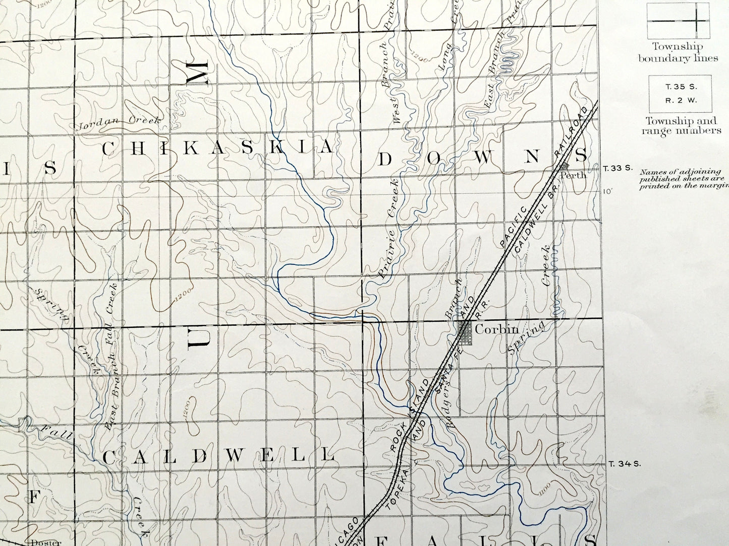 Antique Caldwell, Kansas 1889 US Geological Survey Topographic Map – Bluff, Corbin, Conway Spring, Viola, Anness, Milan, Anson, Argonia, KS