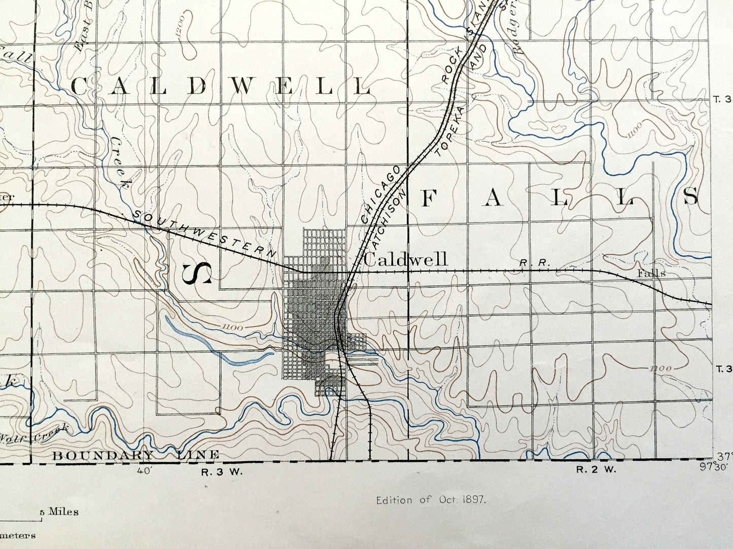 Antique Caldwell, Kansas 1889 US Geological Survey Topographic Map – Bluff, Corbin, Conway Spring, Viola, Anness, Milan, Anson, Argonia, KS