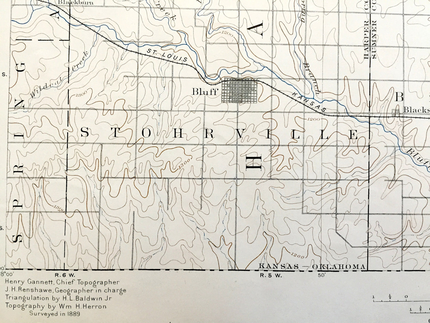 Antique Caldwell, Kansas 1889 US Geological Survey Topographic Map – Bluff, Corbin, Conway Spring, Viola, Anness, Milan, Anson, Argonia, KS