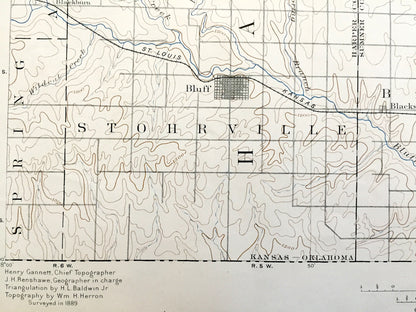 Antique Caldwell, Kansas 1889 US Geological Survey Topographic Map – Bluff, Corbin, Conway Spring, Viola, Anness, Milan, Anson, Argonia, KS