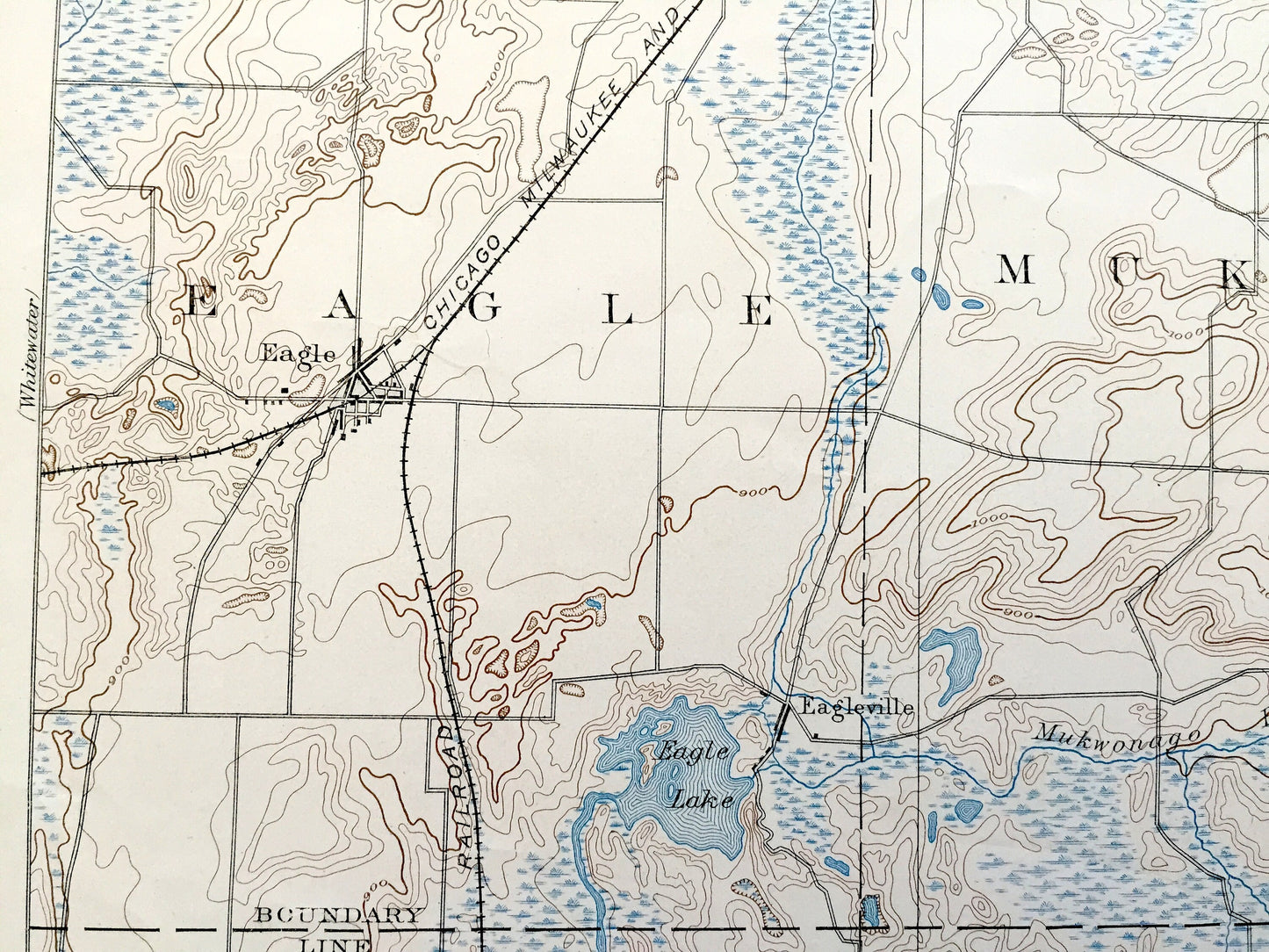 Antique Eagle, Wisconsin 1889 US Geological Survey Topographic Map – Ottawa, Genesee, Waukesha, Mukwonago, Vernon, Troy Waterford Hilburn WI