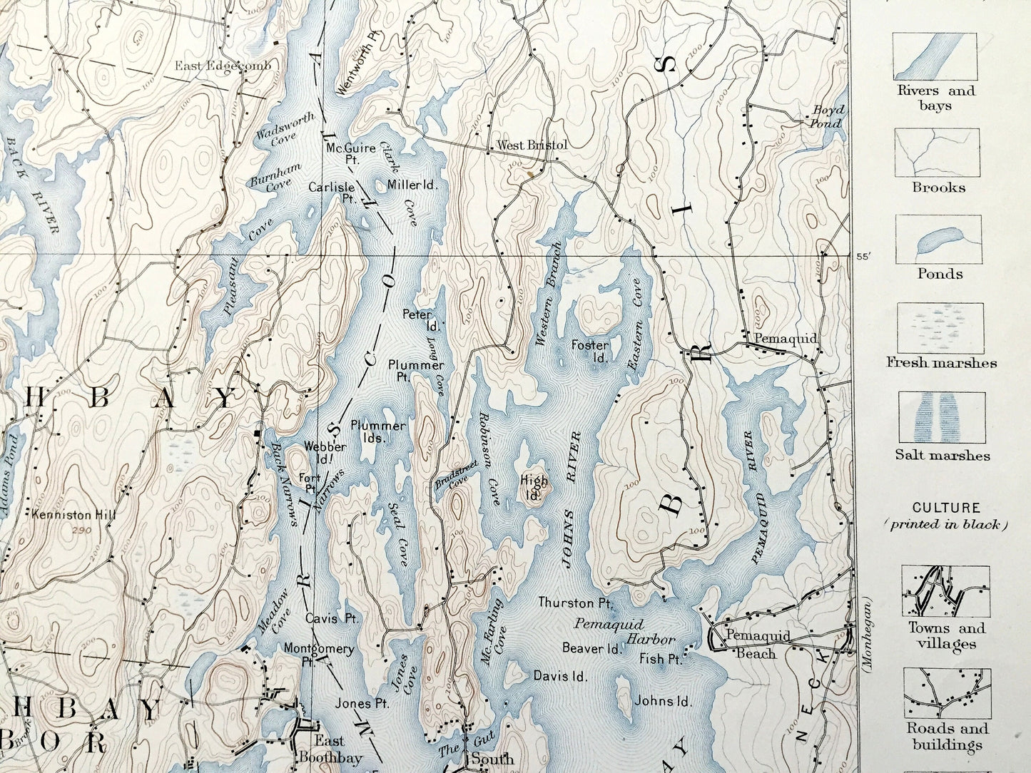 Antique Boothbay, Maine 1891 US Geological Survey Topographic Map – Georgetown, Westport, Southport, Bristol, Edgecomb Wiscasset Woolwich ME
