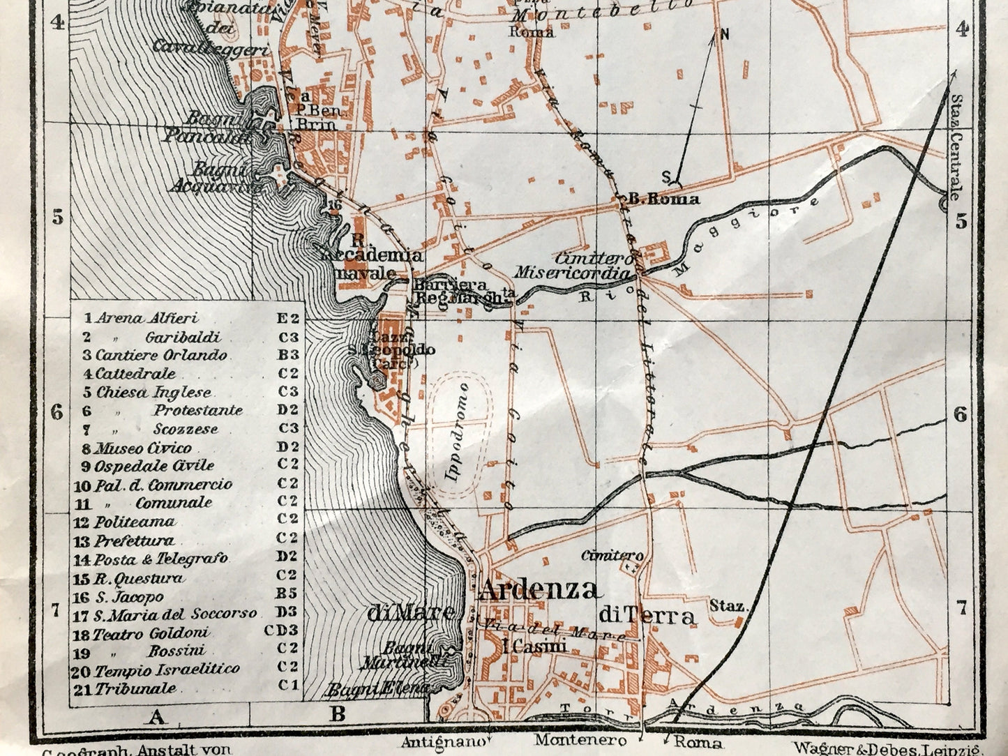 Antique 1913 Livorno, Italy Map from Baedekers Guide – Tuscany, Fortezza Vecchia, Ardenza, Terrazza Mascagni, Venezia Nuova, Petrarca