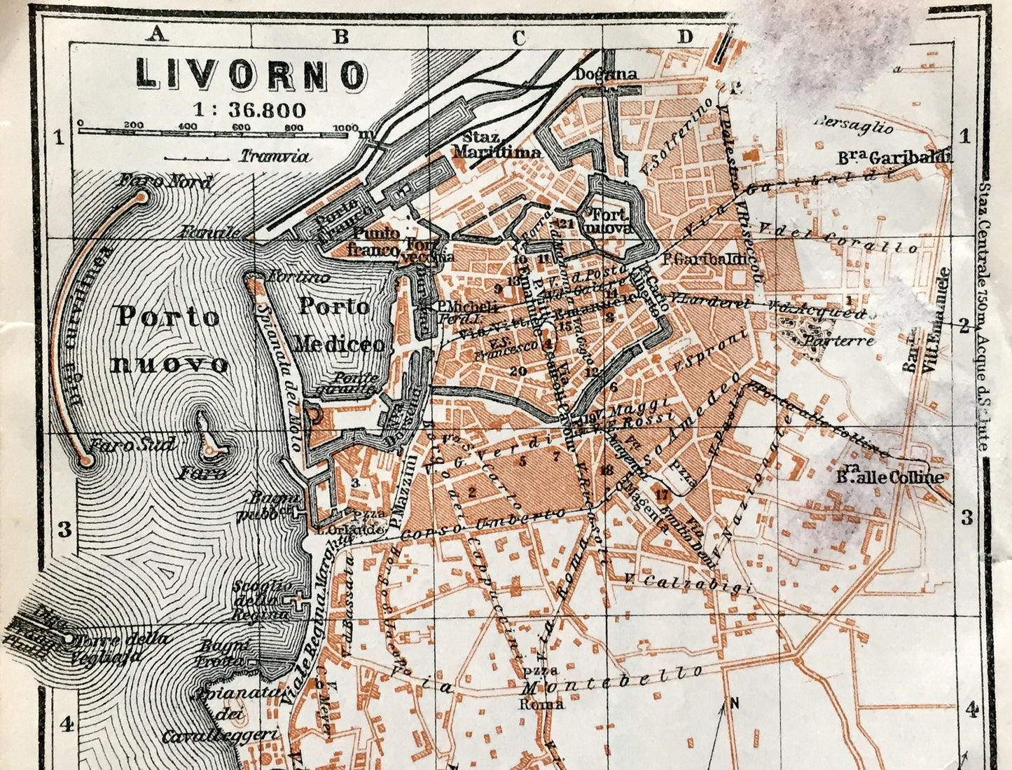 Antique 1913 Livorno, Italy Map from Baedekers Guide – Tuscany, Fortezza Vecchia, Ardenza, Terrazza Mascagni, Venezia Nuova, Petrarca