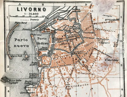 Antique 1913 Livorno, Italy Map from Baedekers Guide – Tuscany, Fortezza Vecchia, Ardenza, Terrazza Mascagni, Venezia Nuova, Petrarca