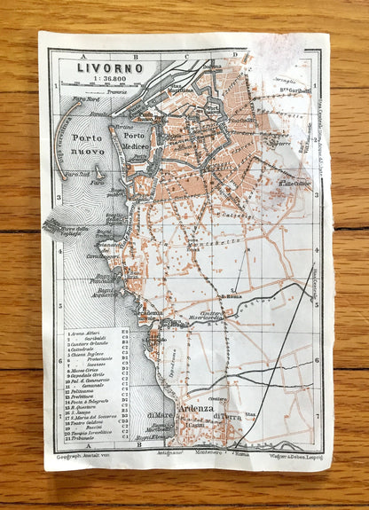 Antique 1913 Livorno, Italy Map from Baedekers Guide – Tuscany, Fortezza Vecchia, Ardenza, Terrazza Mascagni, Venezia Nuova, Petrarca