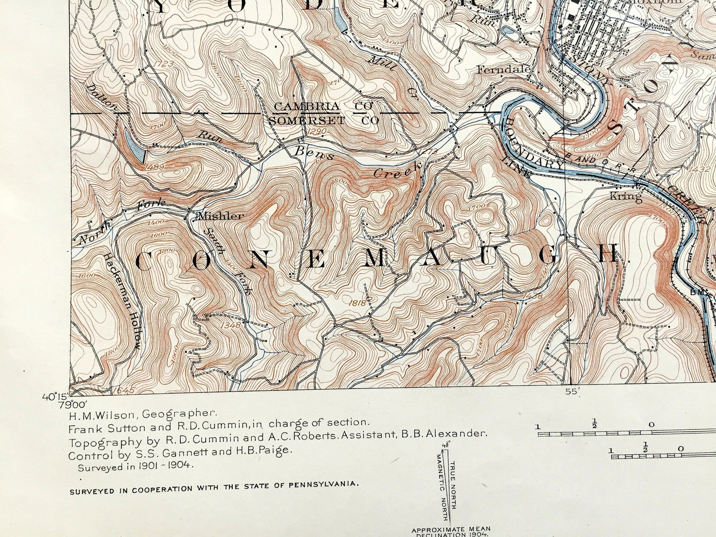 Antique Johnstown, Pennsylvania 1901 US Geological Survey Map – Westmoreland, Cambria County, Westmont, Morrellville, Ehrefeld, Conemaugh PA