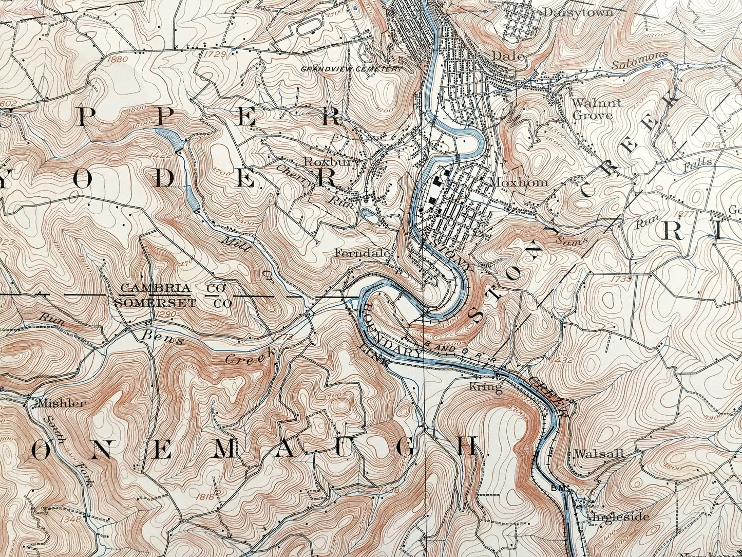 Antique Johnstown, Pennsylvania 1901 US Geological Survey Map – Westmoreland, Cambria County, Westmont, Morrellville, Ehrefeld, Conemaugh PA