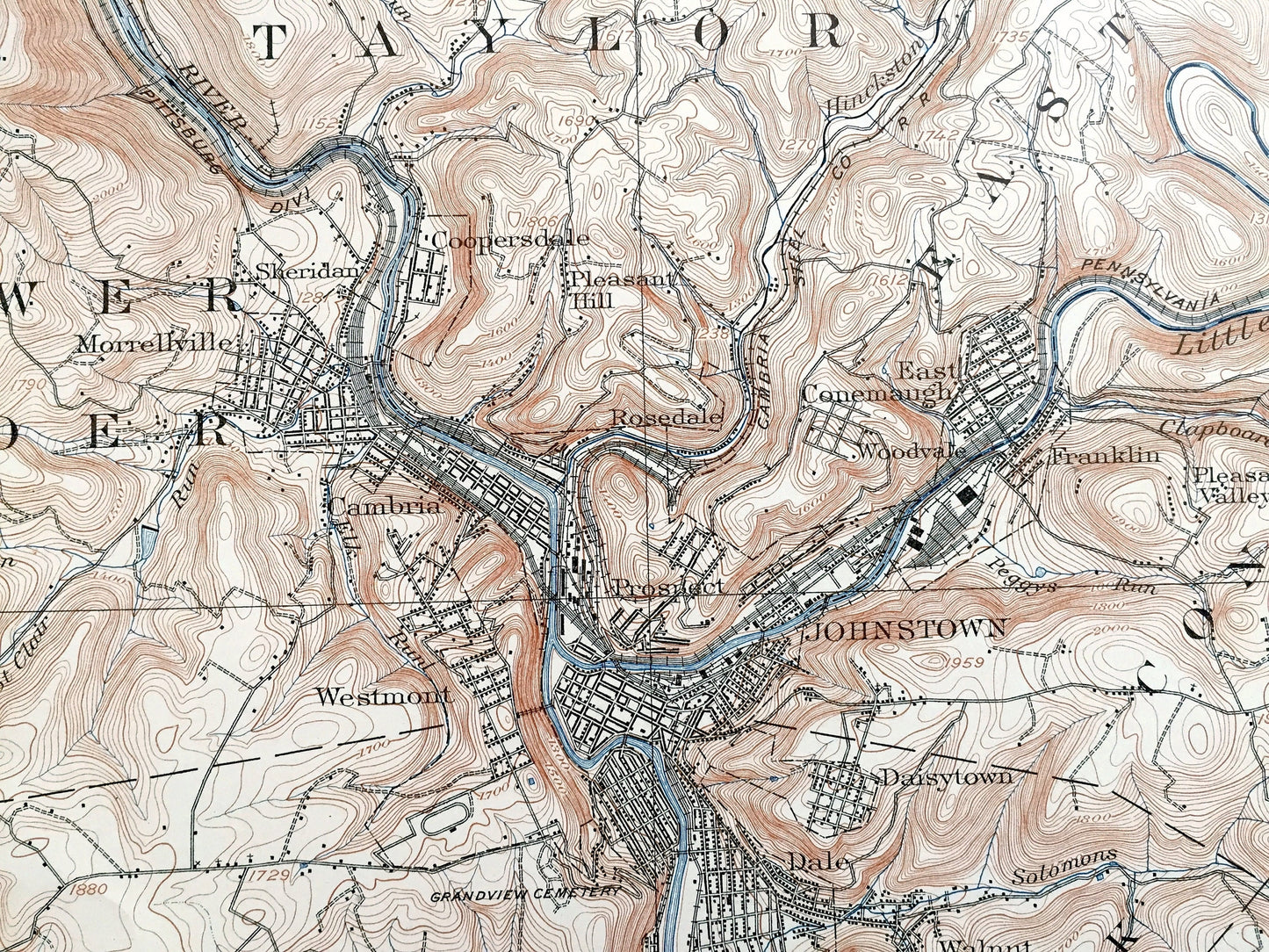 Antique Johnstown, Pennsylvania 1901 US Geological Survey Map – Westmoreland, Cambria County, Westmont, Morrellville, Ehrefeld, Conemaugh PA