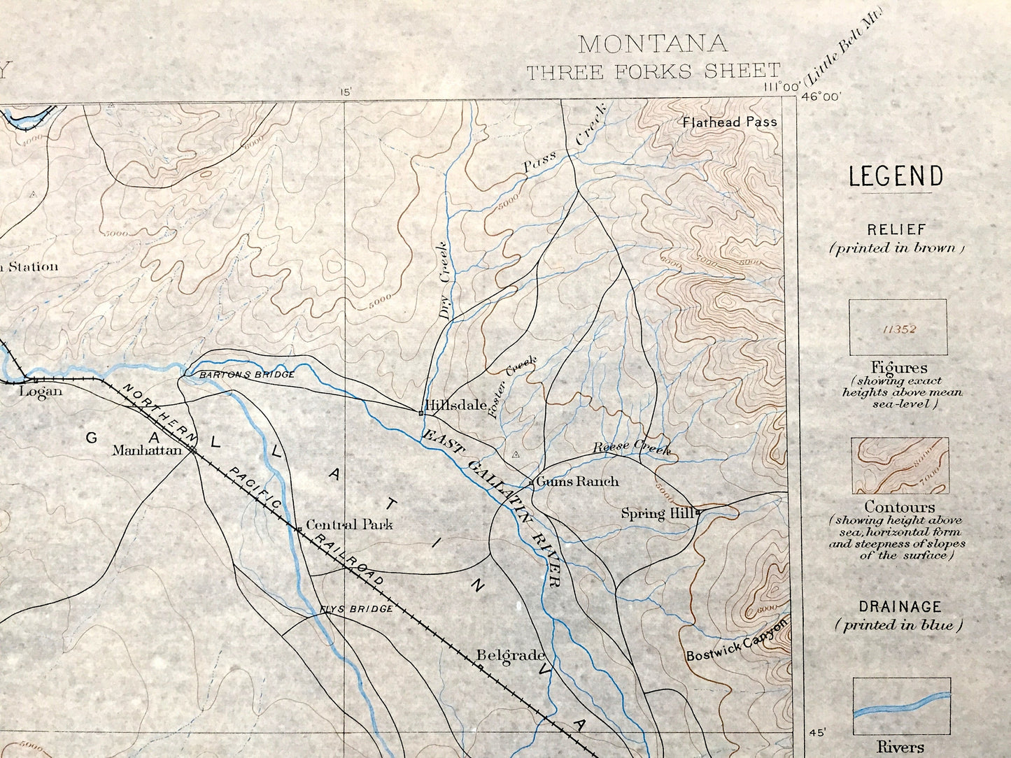 Antique Three Forks, Montana 1886 US Geological Survey Topographic Map – Bozeman, Yellowstone National Park, Jefferson, Sappington MT