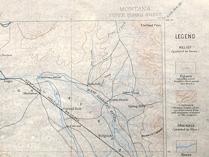 Antique Three Forks, Montana 1886 US Geological Survey Topographic Map – Bozeman, Yellowstone National Park, Jefferson, Sappington MT