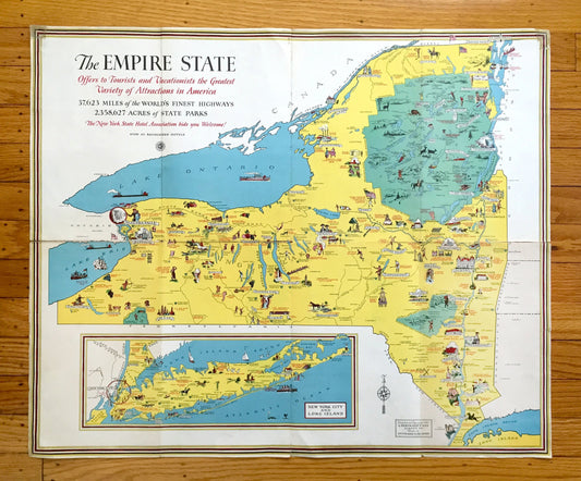 Antique 1932 New York State Pictorial Map by Everand A. McAvoy – Manhattan, Adirondacks, Catskills, Finger Lakes, Long Island, West Point NY