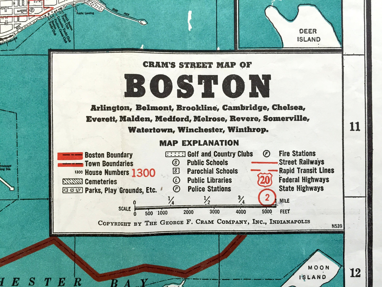 Antique 1938 Boston, Massachusetts Street Map by George F. Cram – Arlington, Cambridge, Belmont, Somerville, Winchester, Brookline, MA