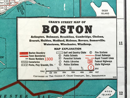 Antique 1938 Boston, Massachusetts Street Map by George F. Cram – Arlington, Cambridge, Belmont, Somerville, Winchester, Brookline, MA