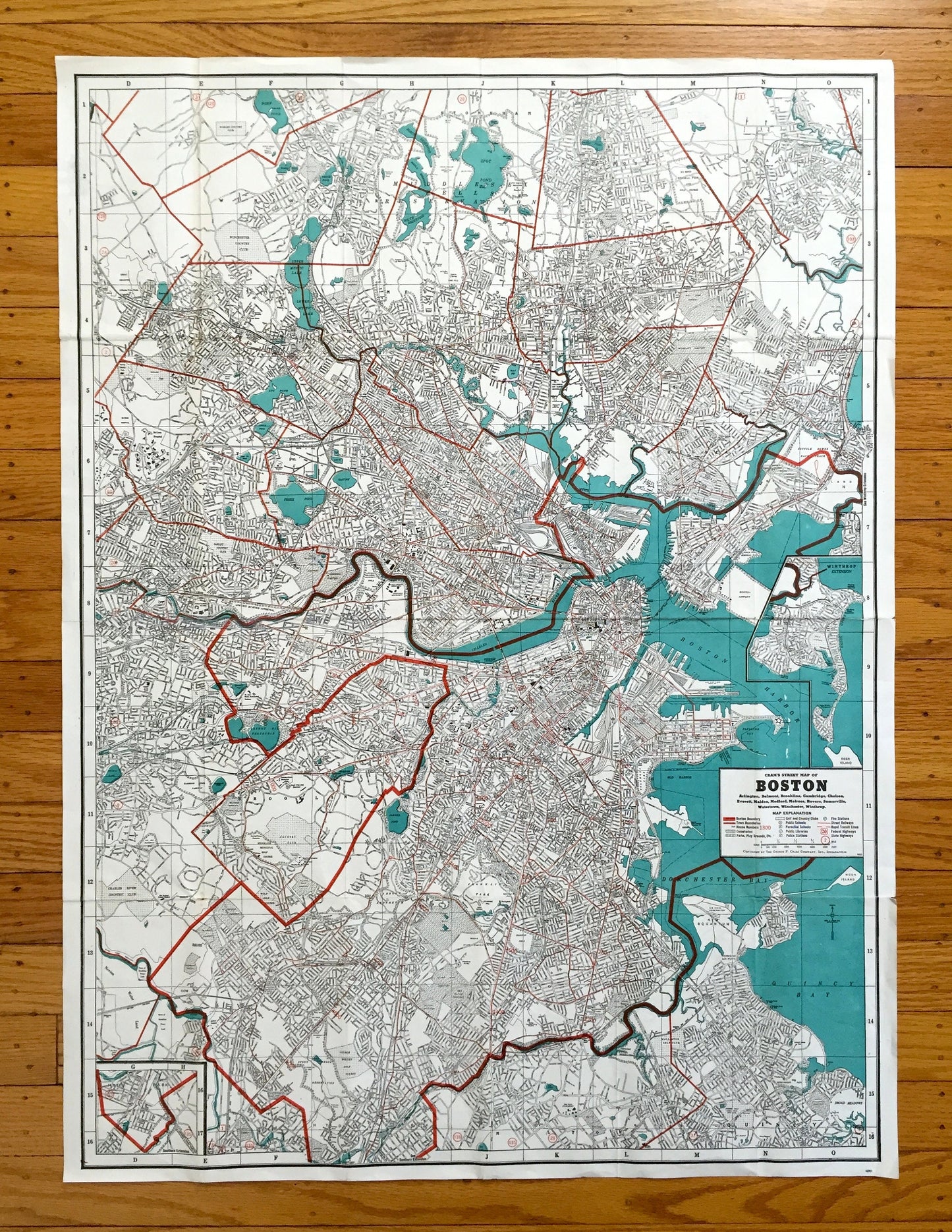 Antique 1938 Boston, Massachusetts Street Map by George F. Cram – Arlington, Cambridge, Belmont, Somerville, Winchester, Brookline, MA