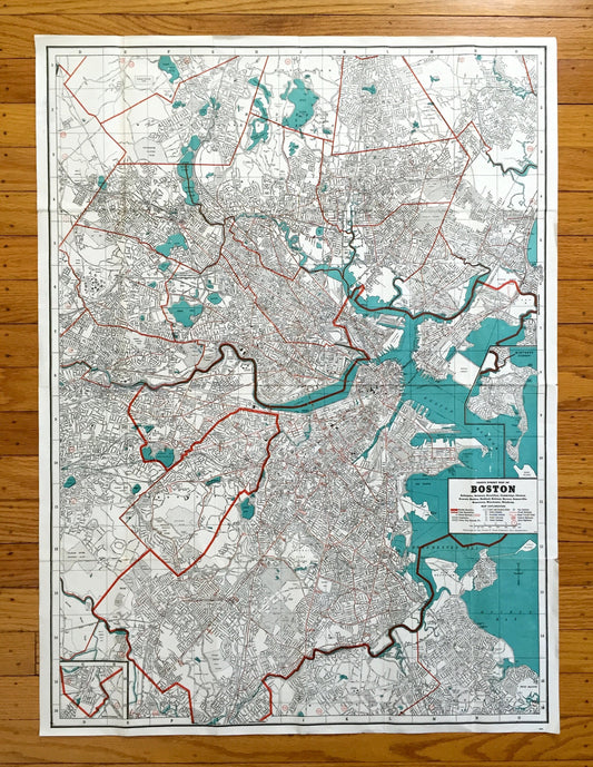 Antique 1938 Boston, Massachusetts Street Map by George F. Cram – Arlington, Cambridge, Belmont, Somerville, Winchester, Brookline, MA