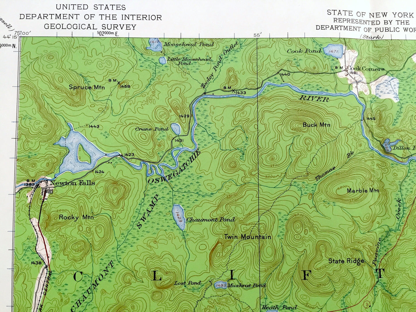 Antique Cranberry Lake, New York 1919 US Geological Survey Topographic Map – Adirondacks, Wanakena, Fine, Webb, Clifton, Newtown Falls, NY