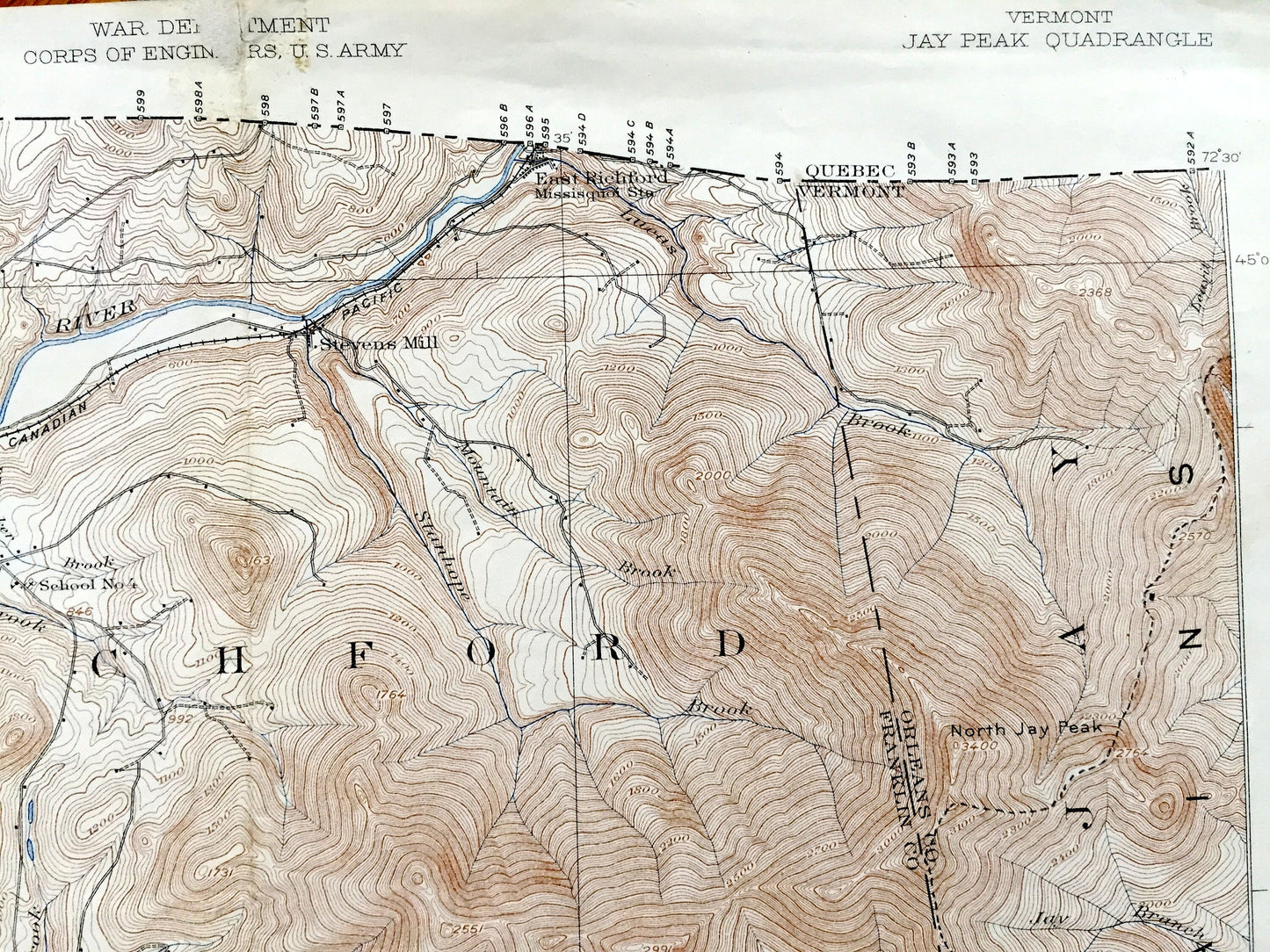 Antique Jay Peak, Vermont 1925 US Geological Survey Topographic Map – Berkshire, Richford, Montgomery, Lowell, Belvidere, Eden, Averys Gore