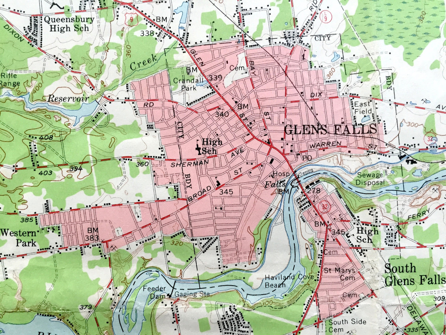 Antique Glens Falls, New York 1955 US Geological Survey Topographic Map – Adirondacks, Lake George, Hudson Falls, Caldwell, Fort Edward, NY