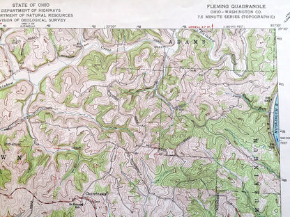 Antique Fleming, Ohio 1960 US Geological Survey Topographic Map — Washington County, Watertown, Adams, Muskingum, Barlow, Wayne, Warren, OH